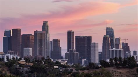 4k Downtown Los Angeles Skyline Day To Night Pink Sunset Close