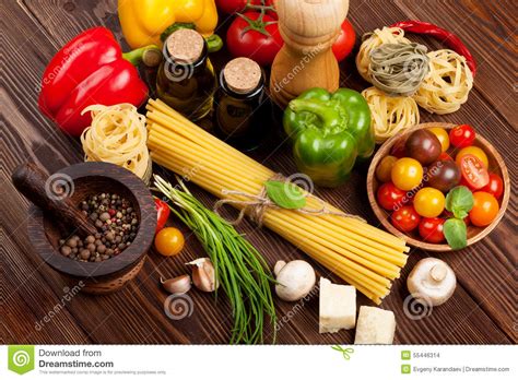 Italian Food Cooking Ingredients Pasta Vegetables Spices Stock Photo