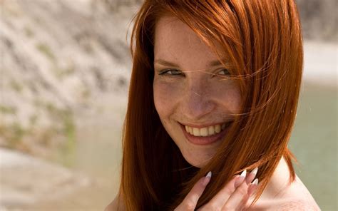 X Redhead Women Face Freckles Long Hair Looking Down Looking