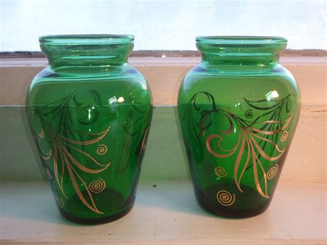 Vintage Vase Green Glass Gold Mid Century Modern Small Pair Rhymeswithdaughter