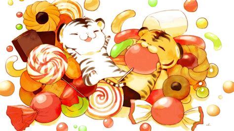 Download 2560x1440 Cute Anime Creatures Lollipop Dessert
