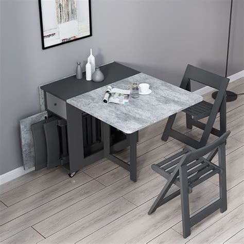 Gray Rectangle Wood Drop Leaf Folding Dining Table Set With Storage