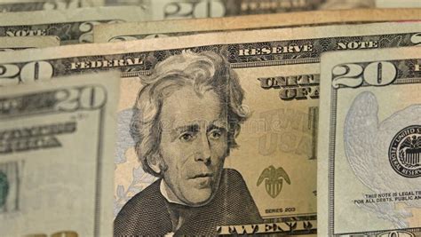 Andrew Jackson Face Up Close Among Usd 20 Dollar Bills Stock Image
