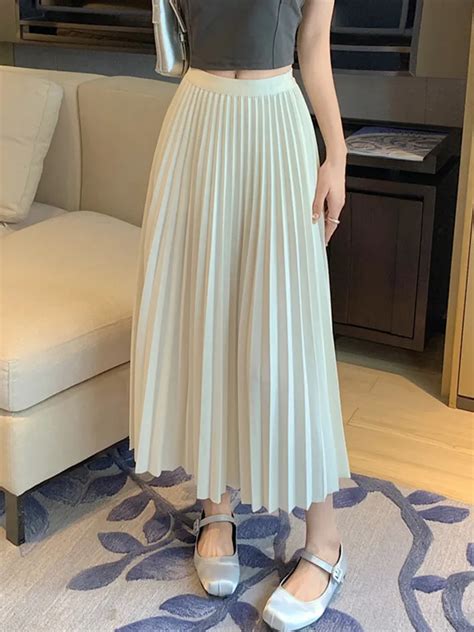 TIGENA Basic Pleated Midi Long Skirt For Women 2023 New Korean Simple