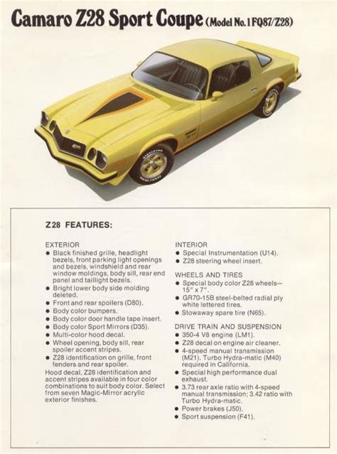 Sport Lt Z28 1977 Chevrolet Camaro Original Car Sales Brochure Catalog