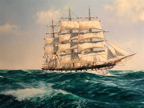 John Stewart Huge Maritime Oil Painting Classic Sailing Ship Choppy