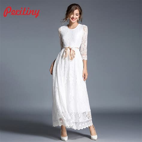 Peritiny White Lace Dress Solid A Line Vestidos Ankle Length Ribbon