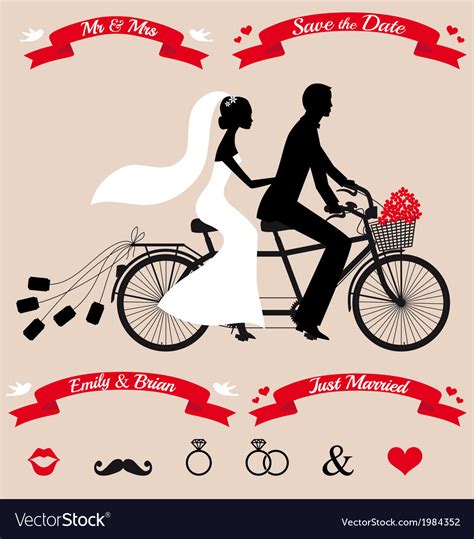 Wedding Couple On Tandem Bicycle Set Royalty Free Vector