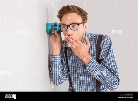 Geeky Businessman Eavesdropping Cup Hi Res Stock Photography And Images