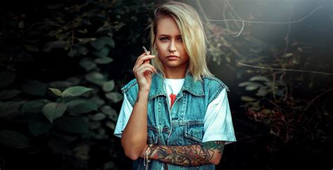 Wallpaper Women Blonde Inked Girls Denim Portrait Cigarettes T