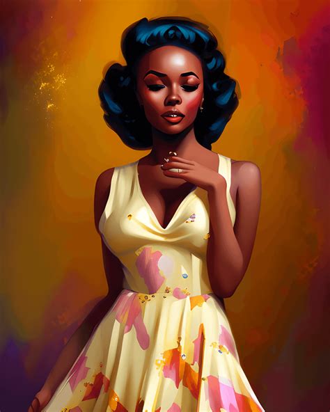 Beautiful African American Pin Up Girl In A Floral Dress Creative Fabrica