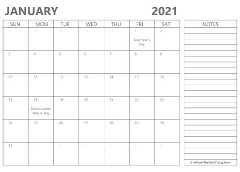 Editable January 2021 Calendar With Holidays And Notes
