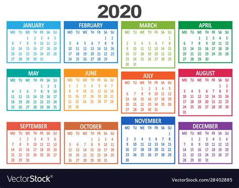 Yearly Calendar 2020 Week Starts From Monday Vector Image