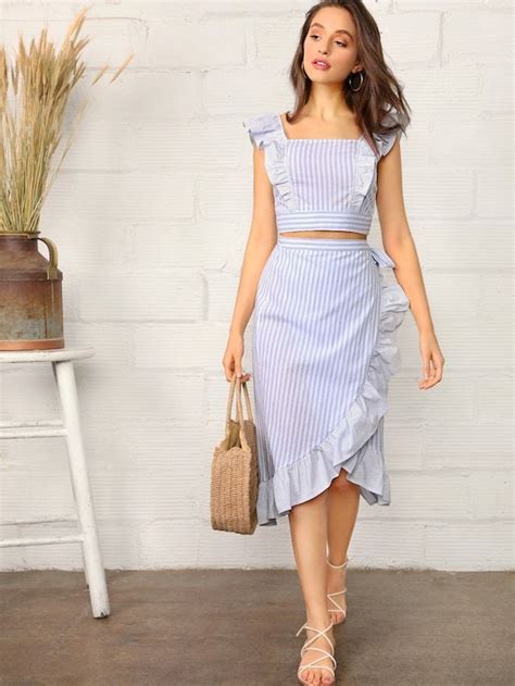 Striped Ruffle Trim Shirred Top And Wrap Knotted Skirt Set Shein Cami