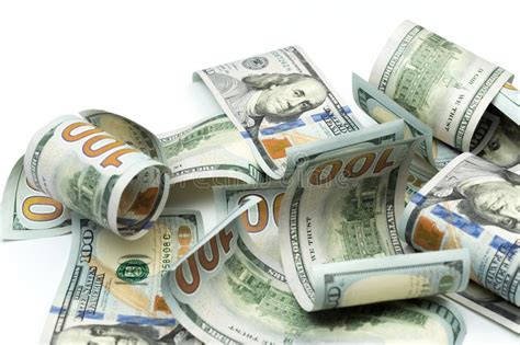 Heap Of Hundred Dollar Bills Isolated On White Background Stock Photo