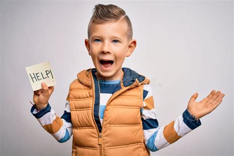 Young Little Caucasian Kid Asking For Help On A Paper Note As Violence