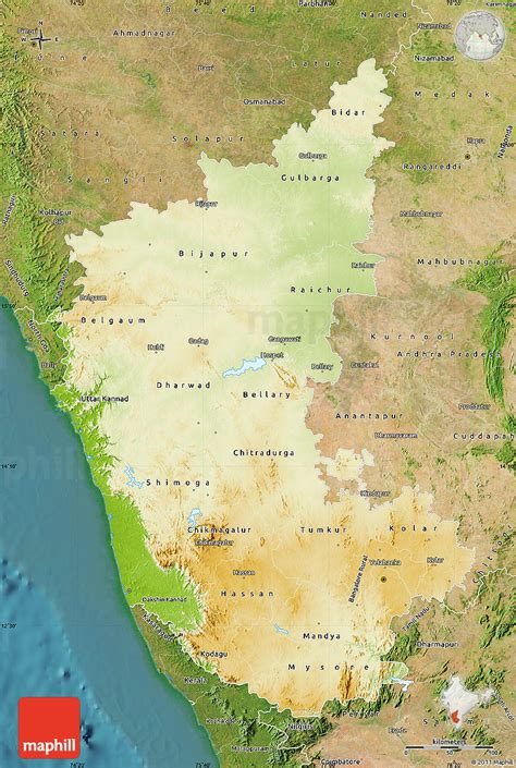 It has a coastal region with numerous coconut trees and beautiful beaches and an interior with mountains, valleys and farmlands. Physical Map of Karnataka, satellite outside