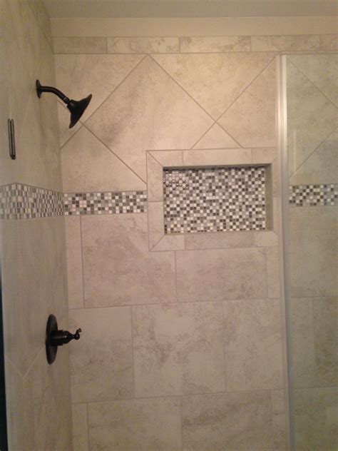 Master Bathroom Laying Of Tile In The Shower Regular Bottom Half Accent Strip No Built In