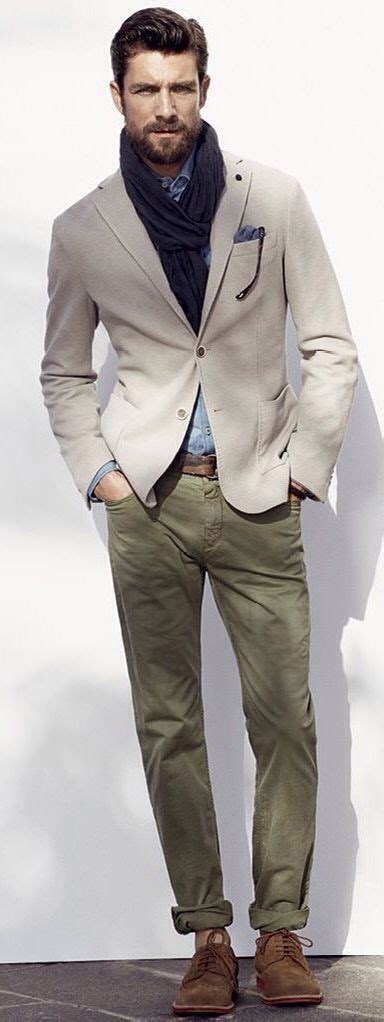 Cream Cotton Linen Blazer Navy Scarf Olive Green Chinos And Taupe