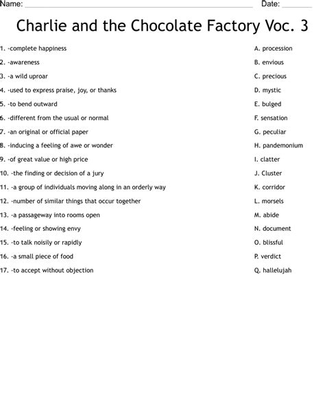 Charlie And The Chocolate Factory Voc 3 Worksheet Wordmint