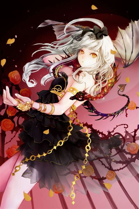 Anime Demon Girl With White Hair Orange Eyes Black Dress Braclet