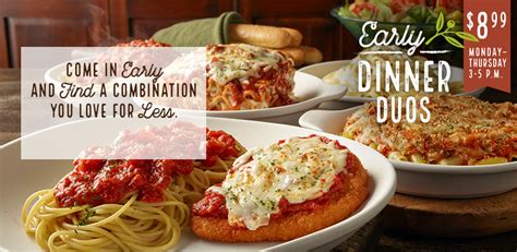 Lunch is served monday through friday until 3pm; Bis-Man Cheapskate: Olive Garden: Early Dinner Duos $8.99