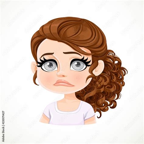 beautiful upset sad cartoon brunette girl with dark chocolate hair portrait isolated on white