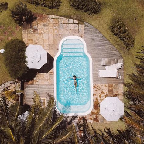 An Aerial View Of A Person Swimming In A Pool Surrounded By Palm Trees
