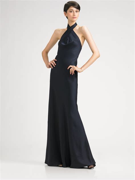 Back neck tie fastening and invisible zipper at centre back. Ralph Lauren Black Label Silk Halter Gown in Navy (Blue ...