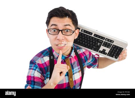 Computer Nerd With Keyboard Isolated On White Stock Photo Alamy