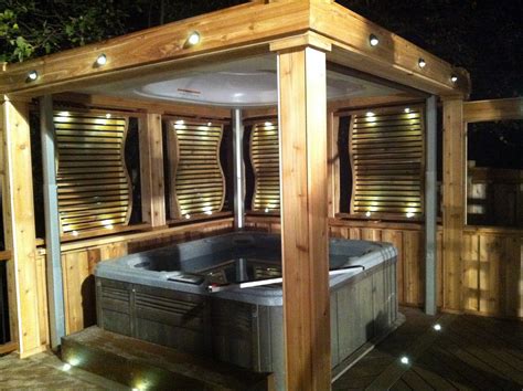 Enclosed Hot Tub Area Complete With Lighting Privacy Screens And Curtains The Roof Is Also A