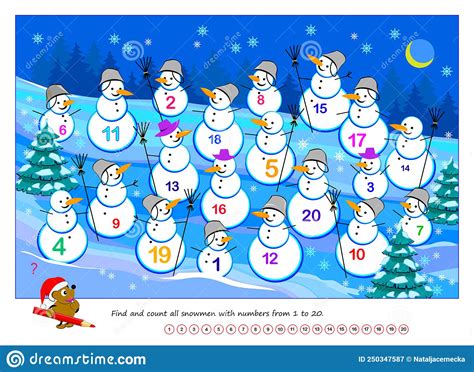 Logic Puzzle Game For Kids Find And Count All Snowmen With Numbers