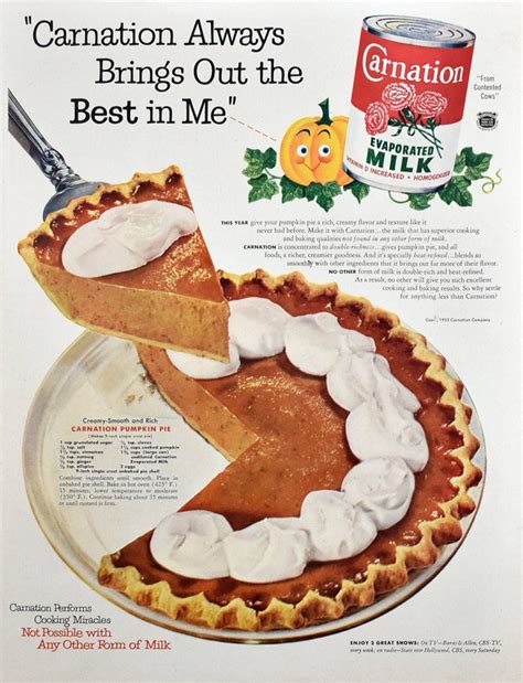 1952 Carnation Evaporated Milk Ad Pumpkin Pie Art 1950s Etsy Vintage Recipes Vintage