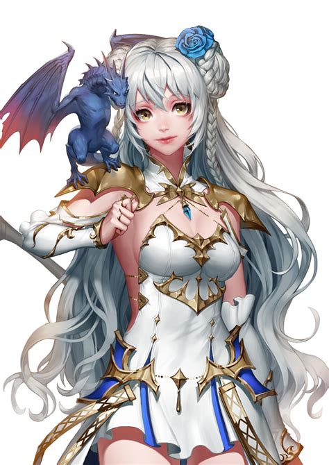 A Woman With Long White Hair And Blue Eyes Is Holding A Dragon On Her