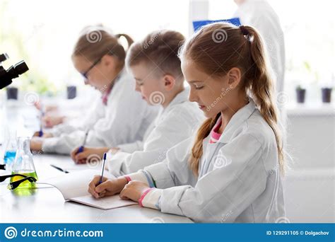 Kids Studying Chemistry At School Laboratory Stock Image Image Of