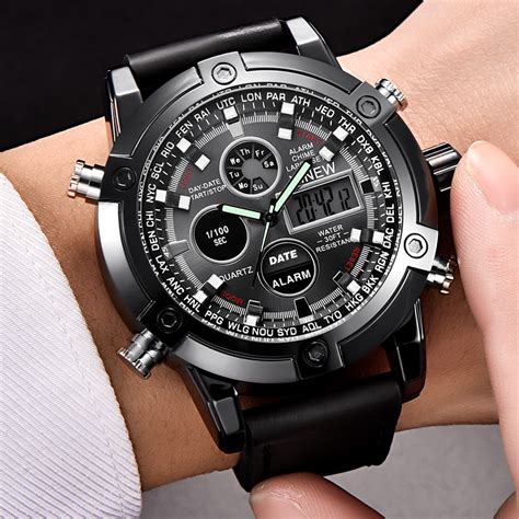 XINEW Watch Men Luxury Dual Movt Men's Leather Quarz Analog Digital LED Sport Wrist Watch ...