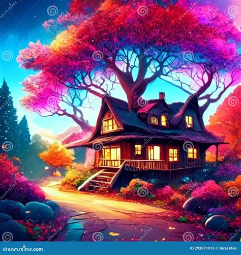 3d Illustration Of A Beautiful House In The Autumn Forest With A Big