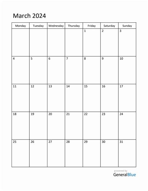 Editable March 2024 Monthly Calendar