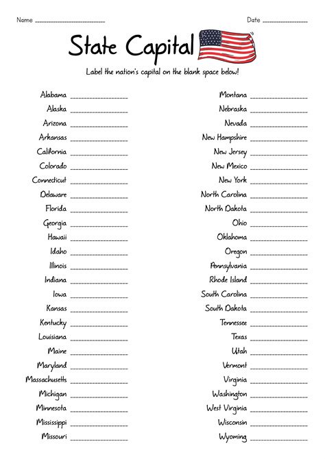 Printable List Of 50 States And Capitals This List Also Provides The