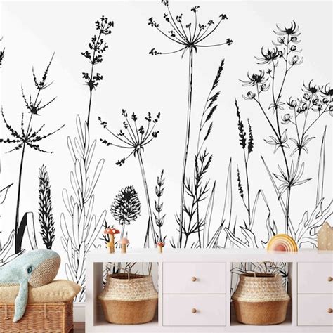 Large Black And White Wildflower Mural Removable Self Adhesive Etsy