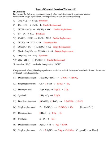 Write the word equations for each ofthe following chemical reactions, balanqe them if necessary, and include the type. 16 Best Images of Types Chemical Reactions Worksheets Answers - Types of Chemical Reactions ...
