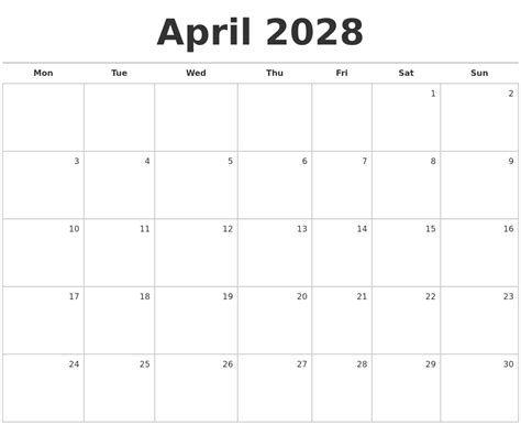 April 2028 Blank Monthly Calendar