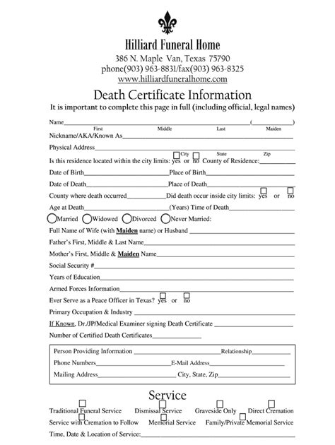 Hillard Funeral Home Death Certificate Information Fill And Sign