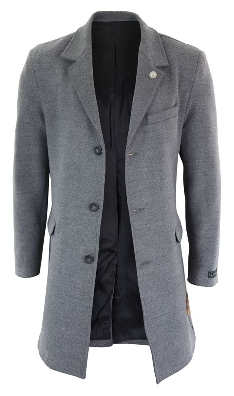 Mens 34 Length Coat Jacket Slim Fit Wool Effect Style Peaky Blinders