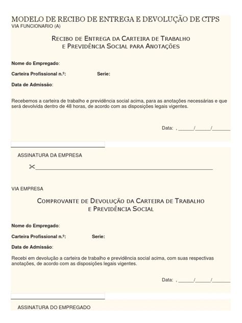 Modelo De Recibo De Entrega E Devolução De Ctps Pdf