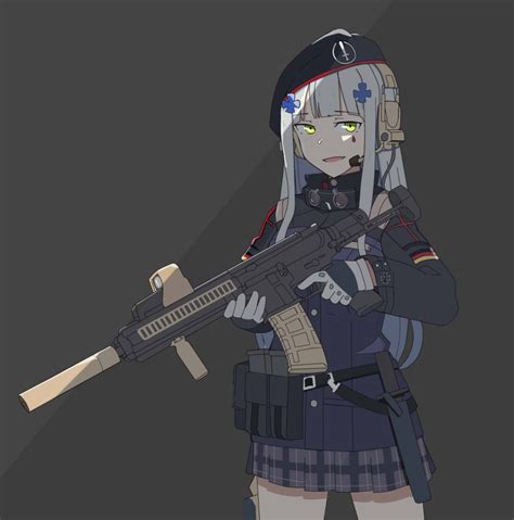 Safebooru 1girl Assault Rifle Bangs Belt Beret Black Background Black Headwear Black Jacket