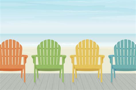 Colorful Adirondack Beach Chairs On Boardwalk Stock Illustration