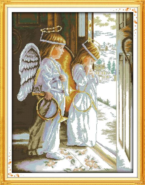 Two Lovely Angels Pray Printed Canvas Dmc Counted Cross Stitch Kits