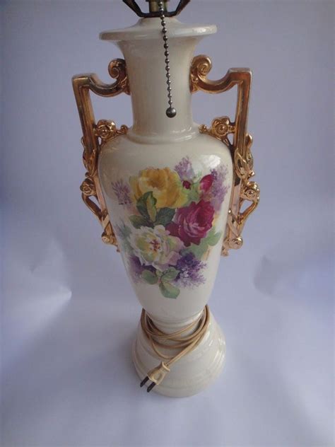 Antique Vintage Lamp Hand Painted Rose Decor Floral Pattern And Gold