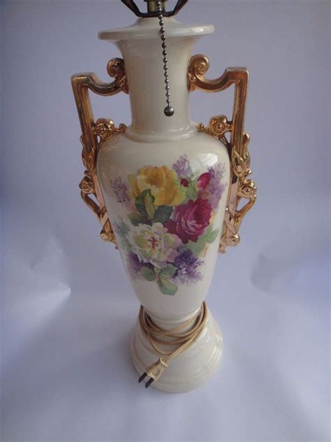 Pair of vintage white with floral porcelain table bedside lamps. Antique Vintage Lamp Hand Painted- Rose Decor Floral ...